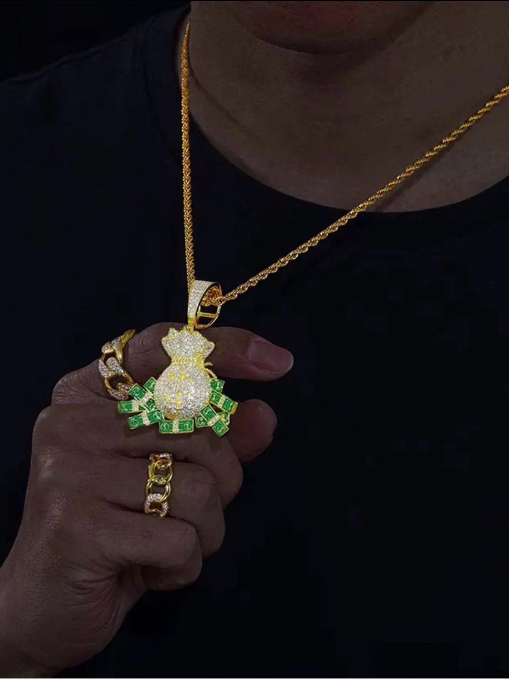 Luxury Moissanite Money Bag Pendant Necklace with Green Accents